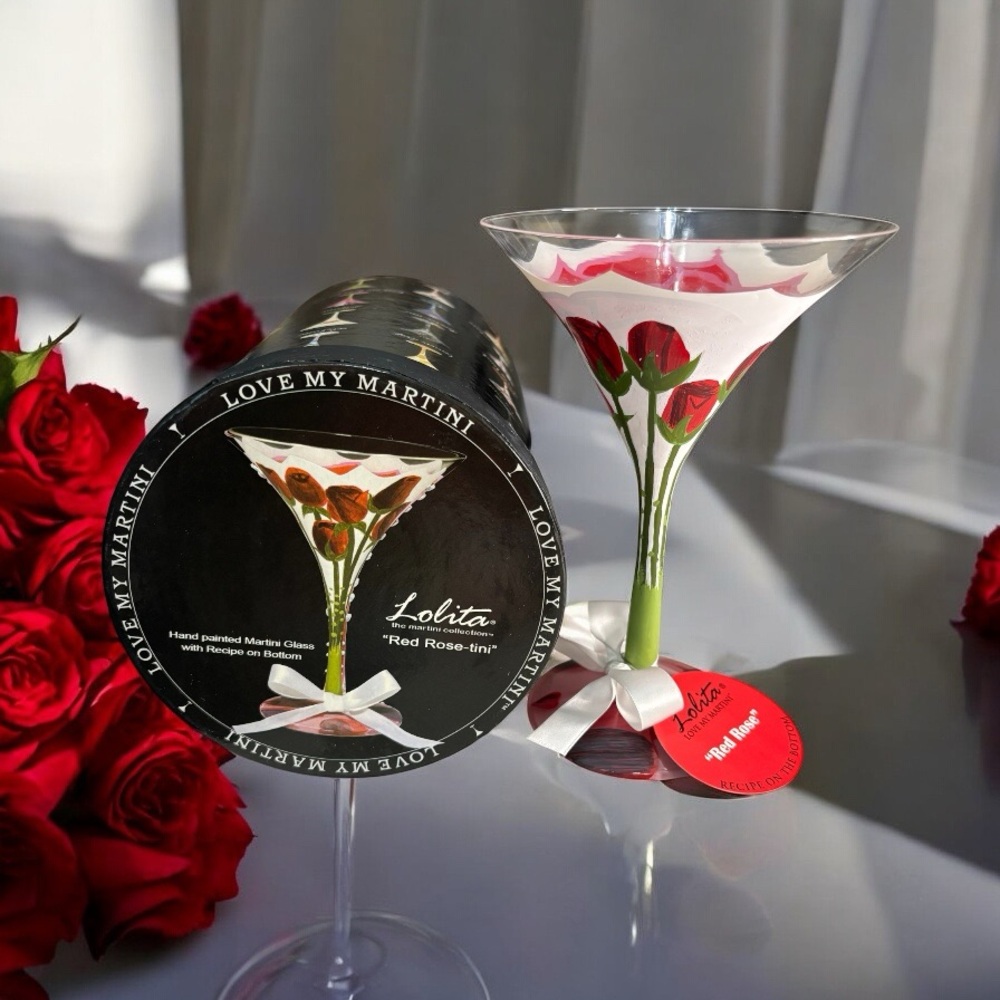 Rare Lolita “Red Rose-Tini” Hand Painted Love My Martini Glass- Recipe on Bottom